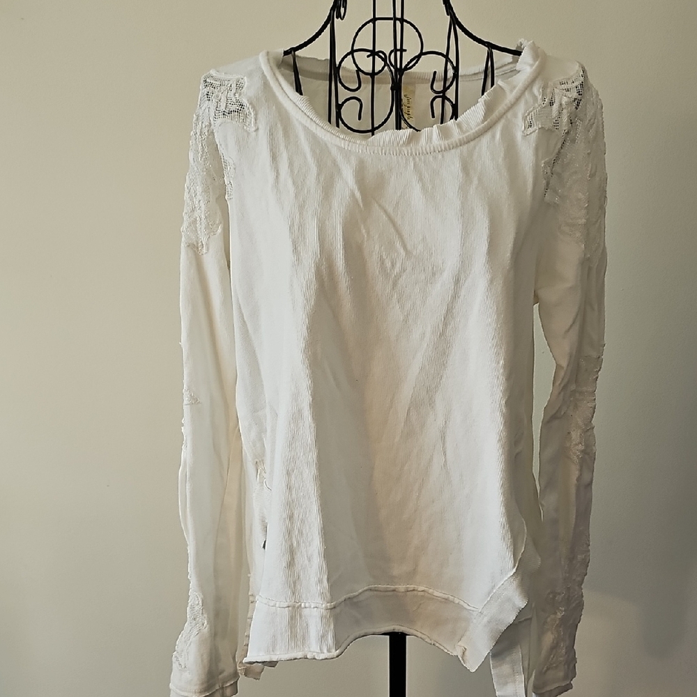 Free People White Embroidered Long Sleeve Pullover